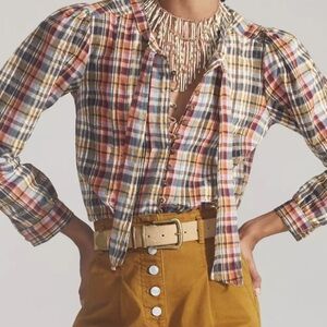 PILCRO anthropologie Red/Blue/Tan Plaid Cotton Tie Neck Button Up Shirt XL